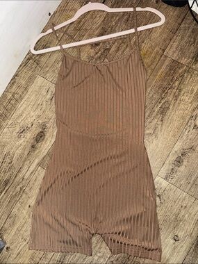 SHEIN Brown Ribbed Spaghetti-Strap Romper